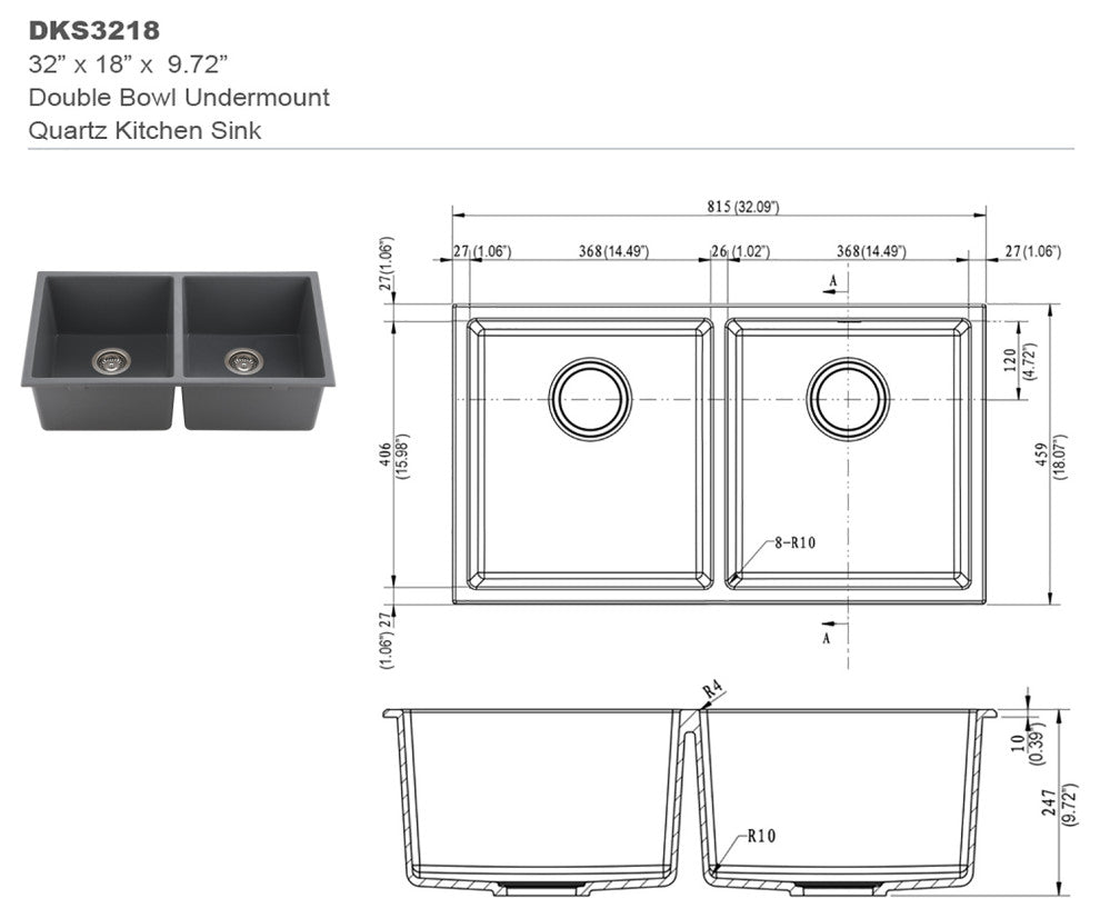 32" x 18" Gray Quartz Double Bowl Undermount Kitchen Sink