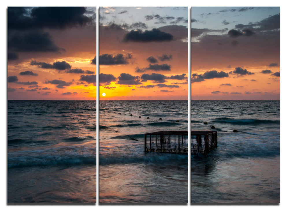 "Tropical Beach With Empty Cage" Metal Wall Art, 3 Panels, 36"x28"