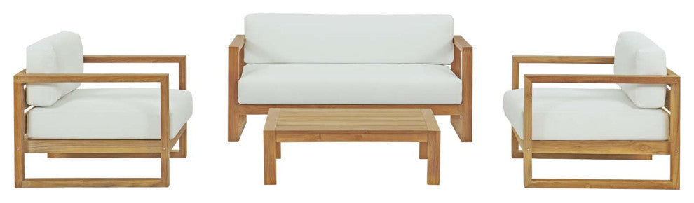 Sectional Sofa Chair Table Set, White Natural, Teak Wood, Modern, Outdoor Patio