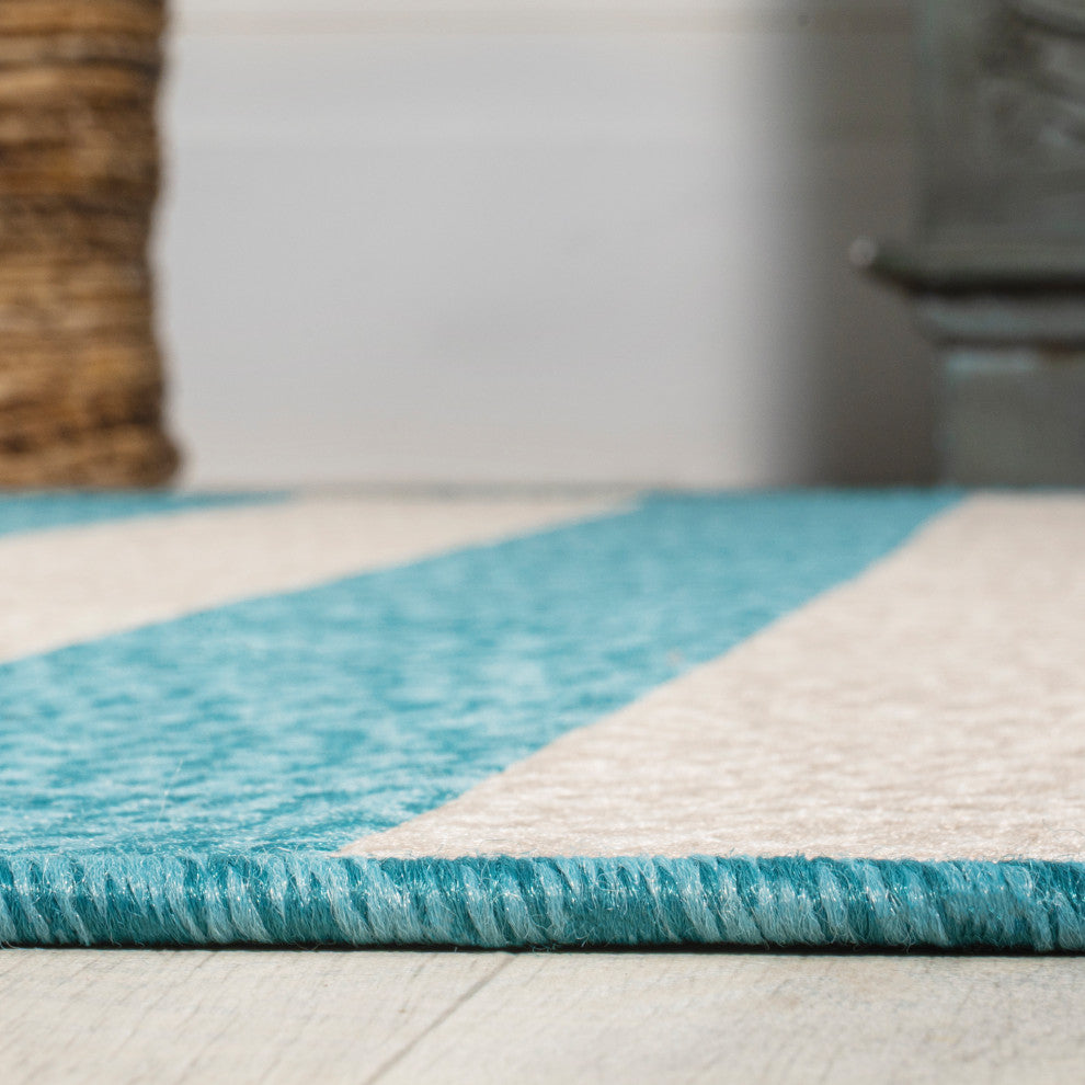 Negril Two-Tone Wide Stripe Indoor/Outdoor Area Rug, Aqua/Cream, 8x10