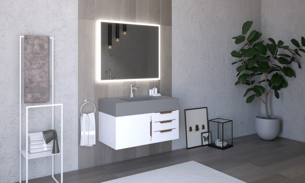 CastelloUSA Nile 36" Wall Mounted Vanity Set, White, Gray Top, Gold Handles