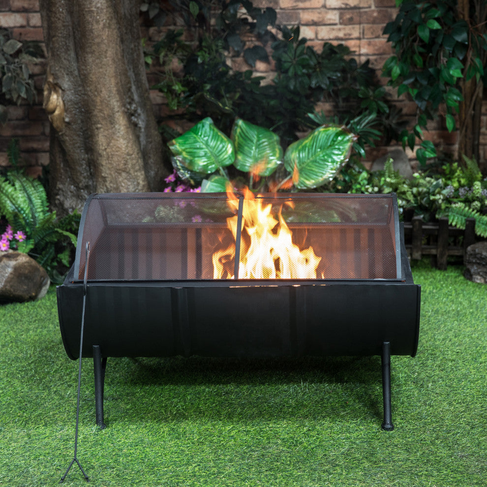 35" Rectangular Outdoor Metal Woodburning Barrel Firepit
