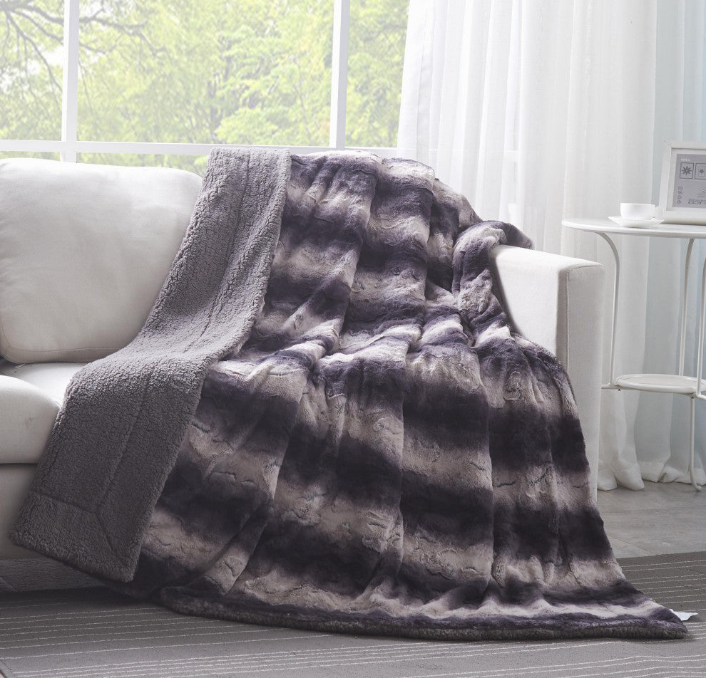 Tache Luxurious Black Striped Faux Fur Throw Blanket, 90"x90"