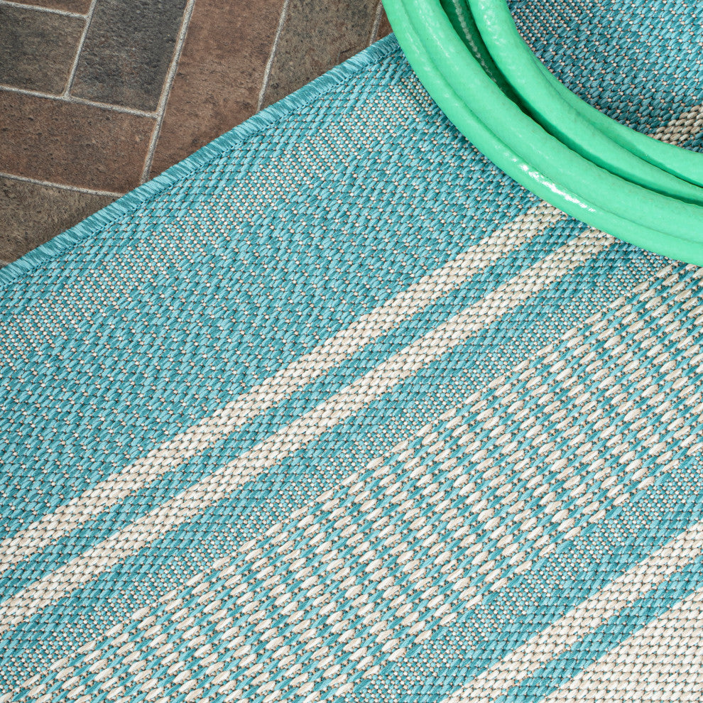Haynes Modern Double Stripe Indoor/Outdoor Area Rug, Aqua/Beige, 8x10