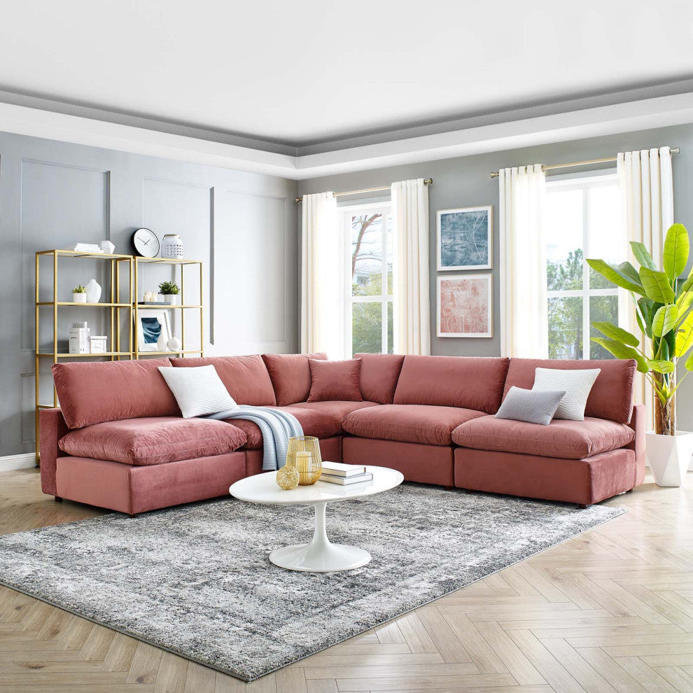 Sectional Sofa Set, Velvet, Pink, Modern, Living Lounge Hotel Lobby Hospitality