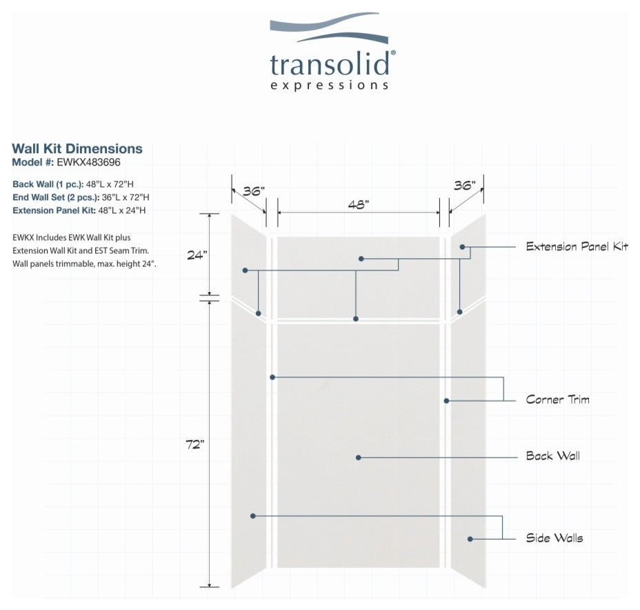 Transolid Expressions Shower Wall Kit, Gray, 36"x48"x96"