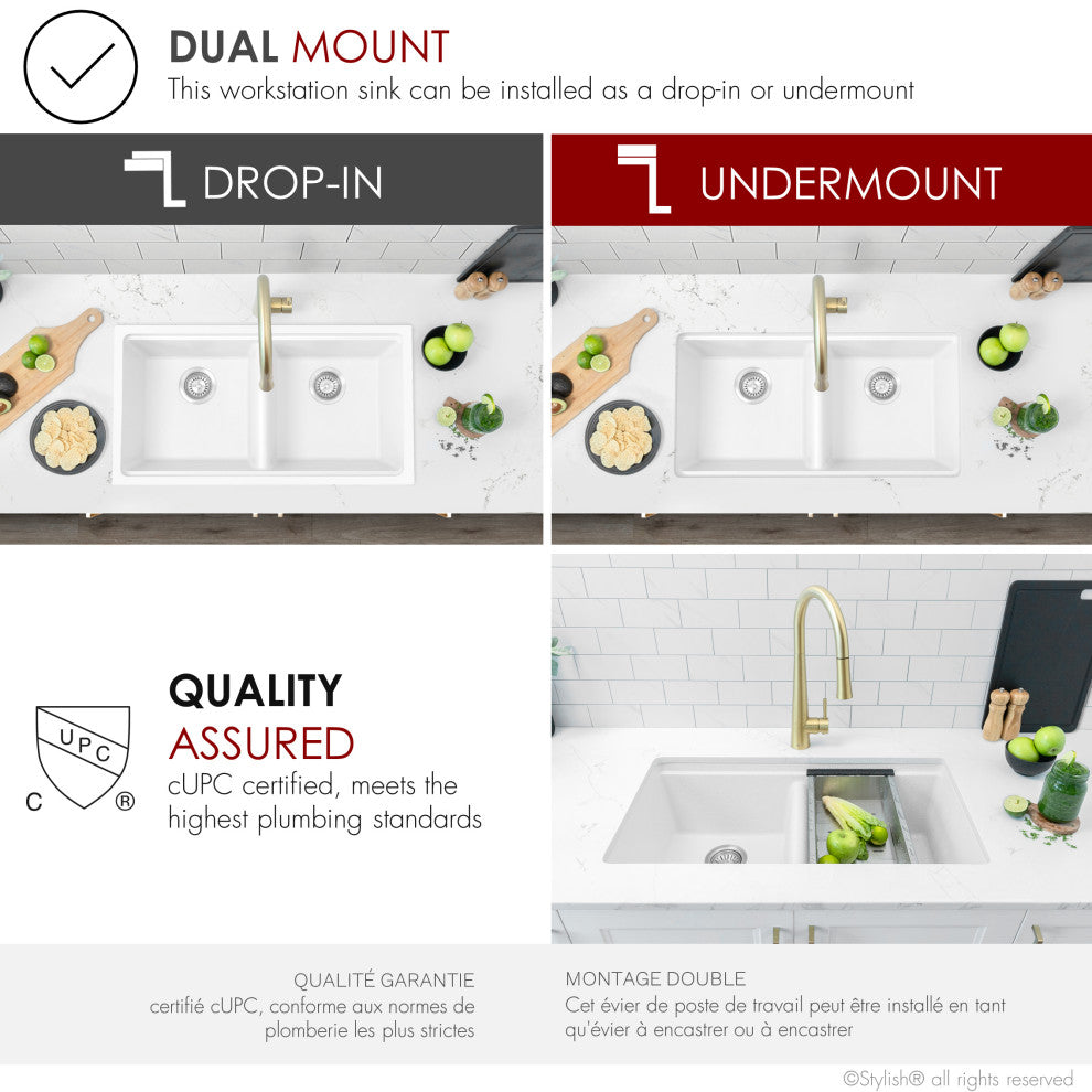 33" Dual Mount Workstation Double Bowl White Granite Kitchen Sink