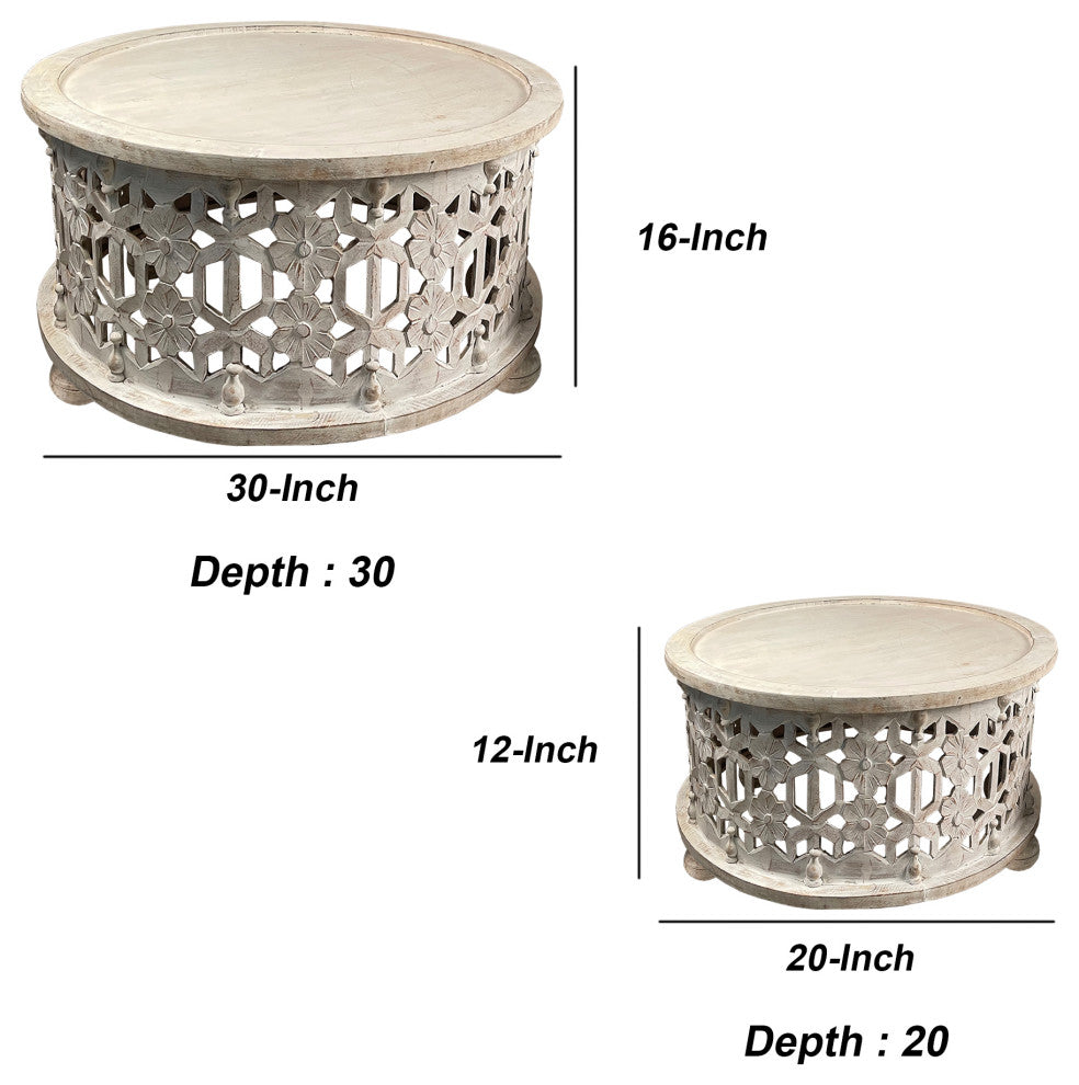 Benzara UPT-248139 Round 2 Piece Coffee Table Set, Carved Floral Design, White