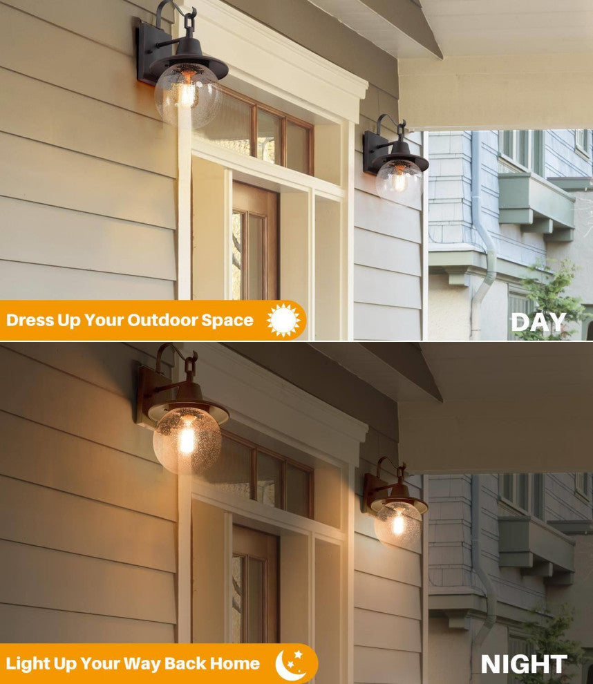 1-Light Bronze Seeded Glass Globe Outdoor Wall Lamp, Set of 2
