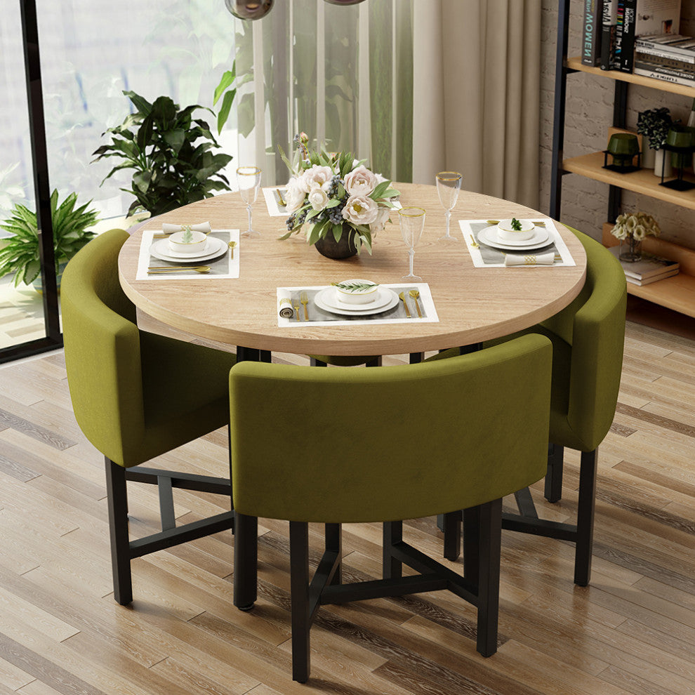 40" Round Wooden 4 Seater Dining Table Set Upholstered Chairs for Nook Balcony, Yellow