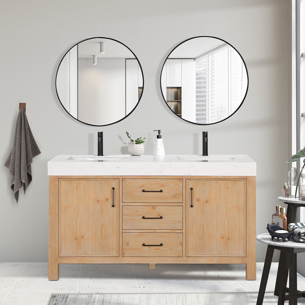 Leon Bath Vanity With Composite Stone Top, Fir Wood Brown, 60" Double Sink, No Mirror