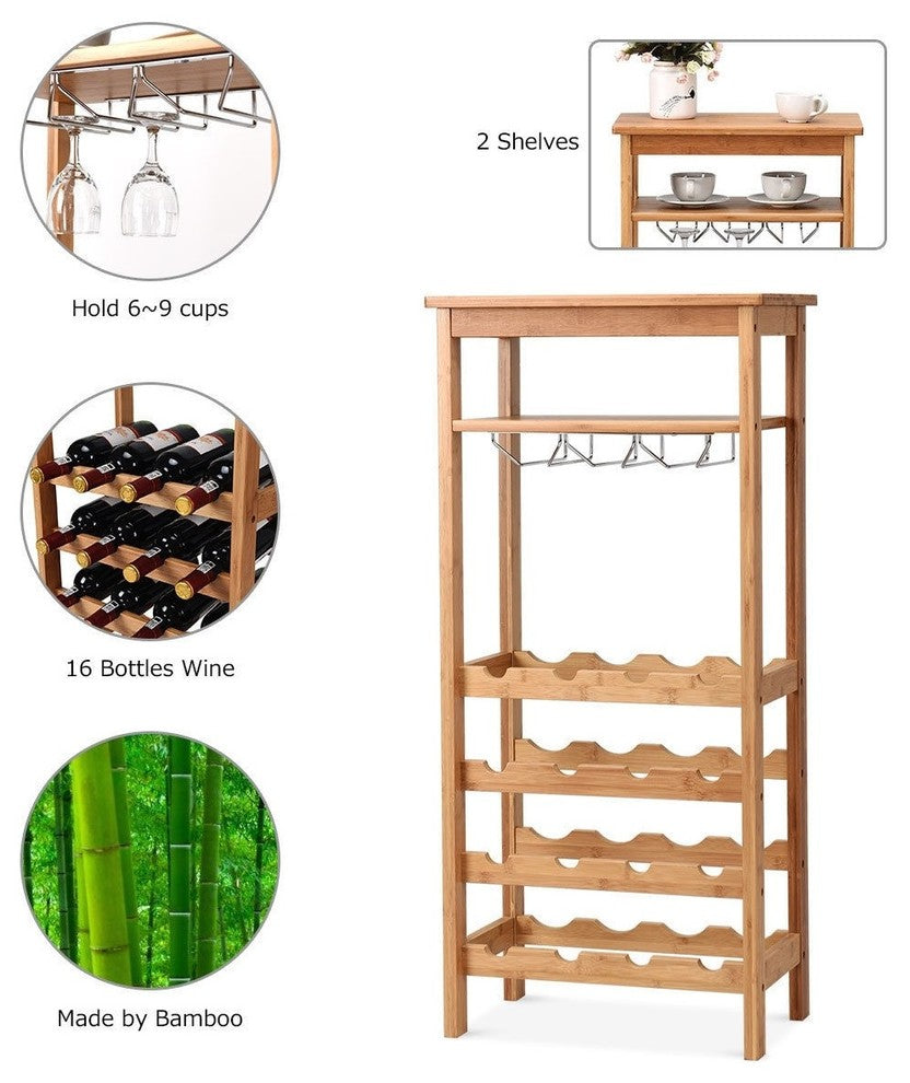 Modern 16 Bottles Bamboo Storage Wine Rack With Glass Hanger