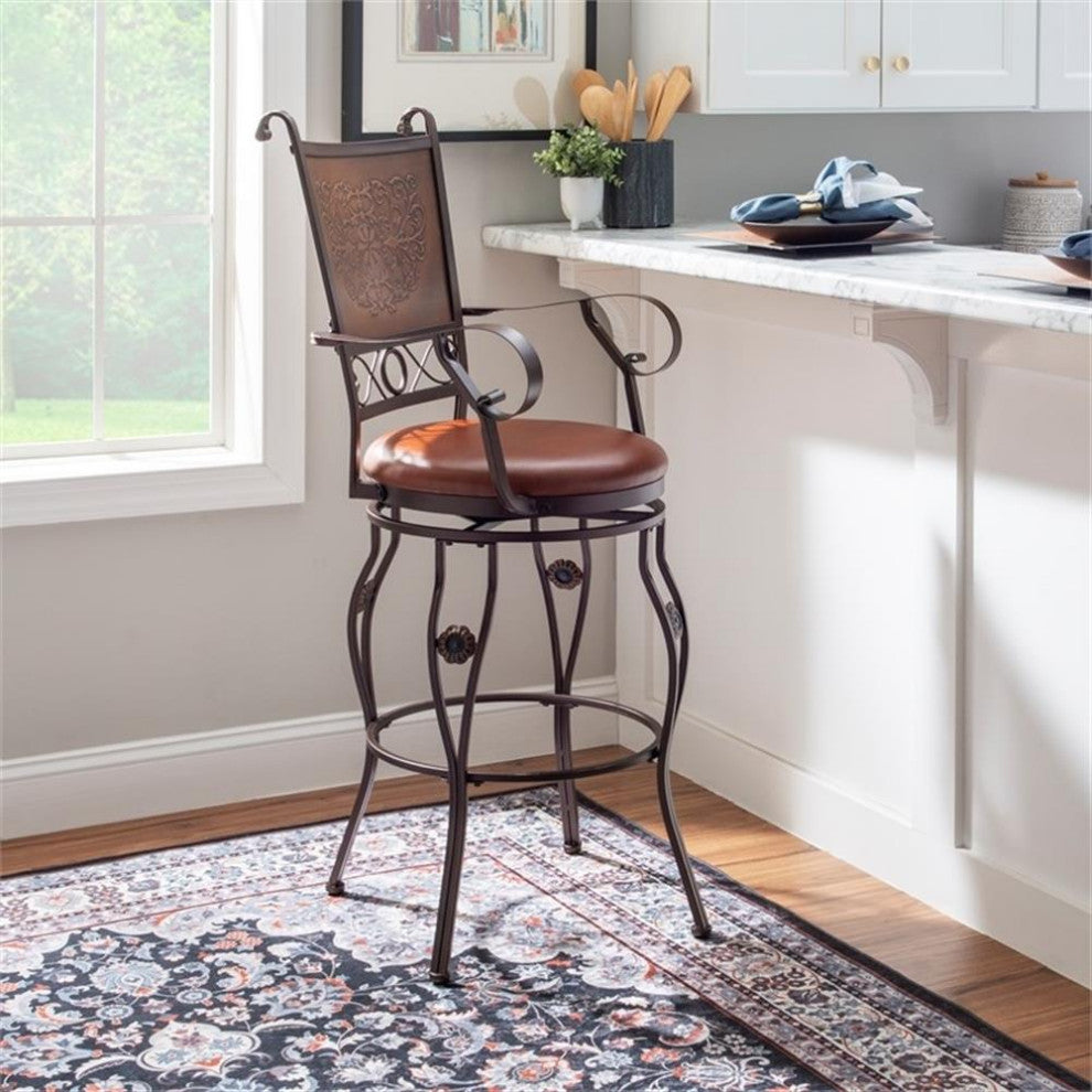 Bowery Hill 30" Traditional Metal/Faux Leather Swivel Bar Stool in Bronze