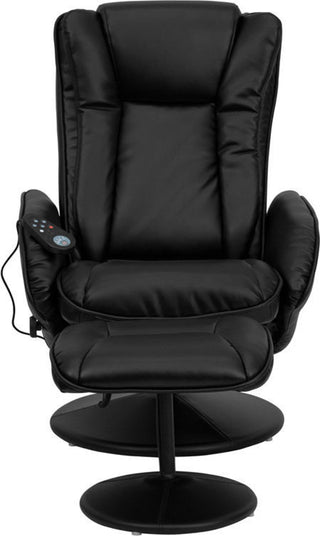 Massaging Black Leather Recliner and Ottoman With Leather Wrapped Base