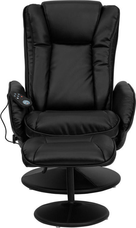 Massaging Black Leather Recliner and Ottoman With Leather Wrapped Base