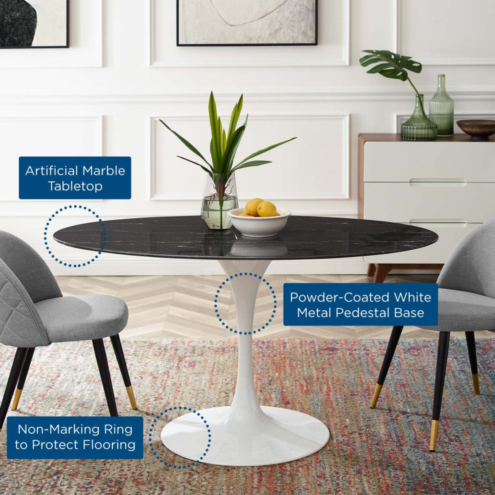 54" Dining Table, Round, Black White, Artificial Marble, Metal, Modern