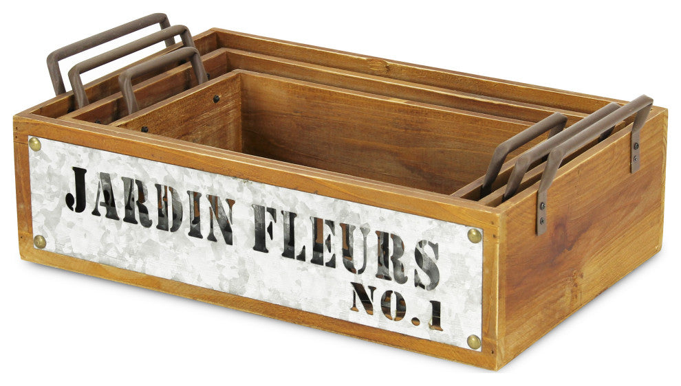 Jardin Fleurs Wood Metal Stamped Crate, Set of 3
