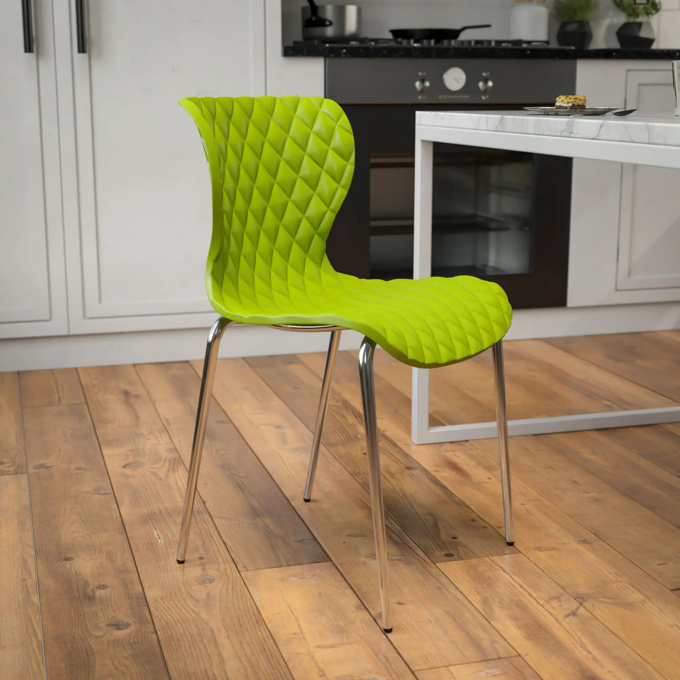 Set of 4 Stackable Dining Chair, Ripple Diamond Patterned Seat, Citrus Green