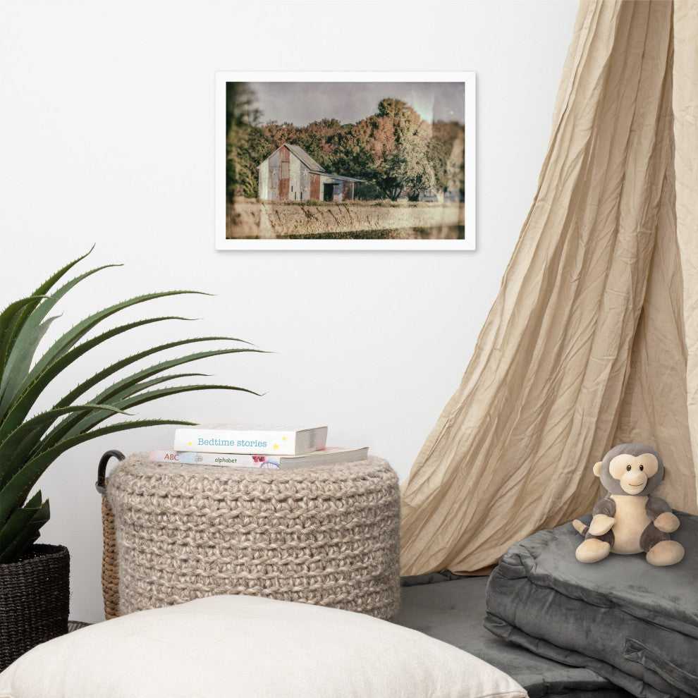 Patriotic Weathered Barn in Field Glass Plate Framed Photo Paper Wall Art Prints, White, 12" X 18"