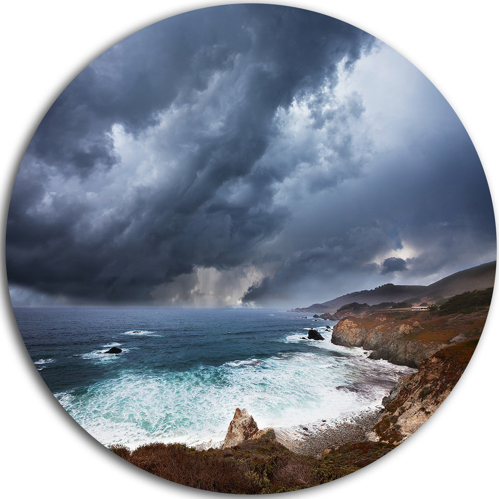 Heavy Blue Clouds And Waves, Modern Beach Round Wall Art, 11"