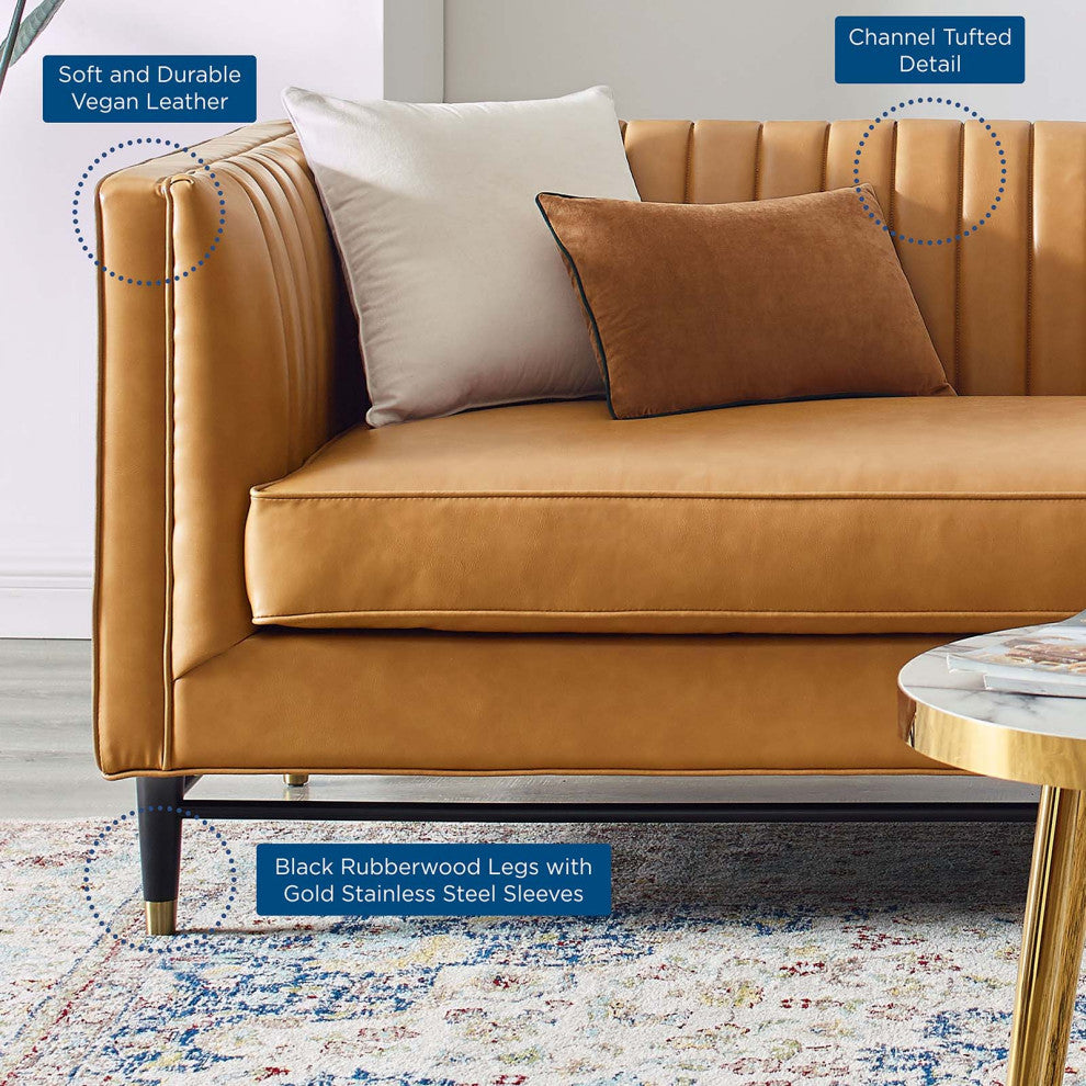 Tufted Sofa, Faux Vegan Leather, Tan, Modern, Living Lounge Hotel Hospitality