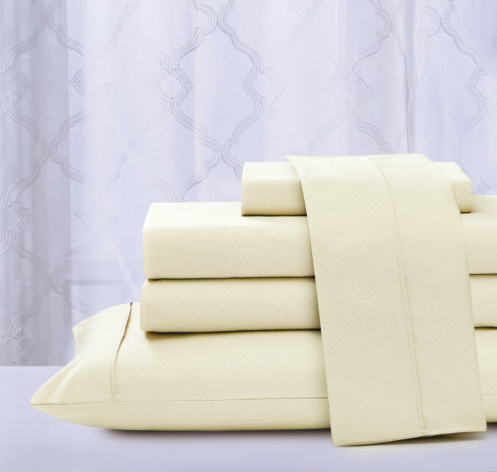 Kathy Ireland 4 Piece Chevron Embossed Sheet Set, Ivory, Queen