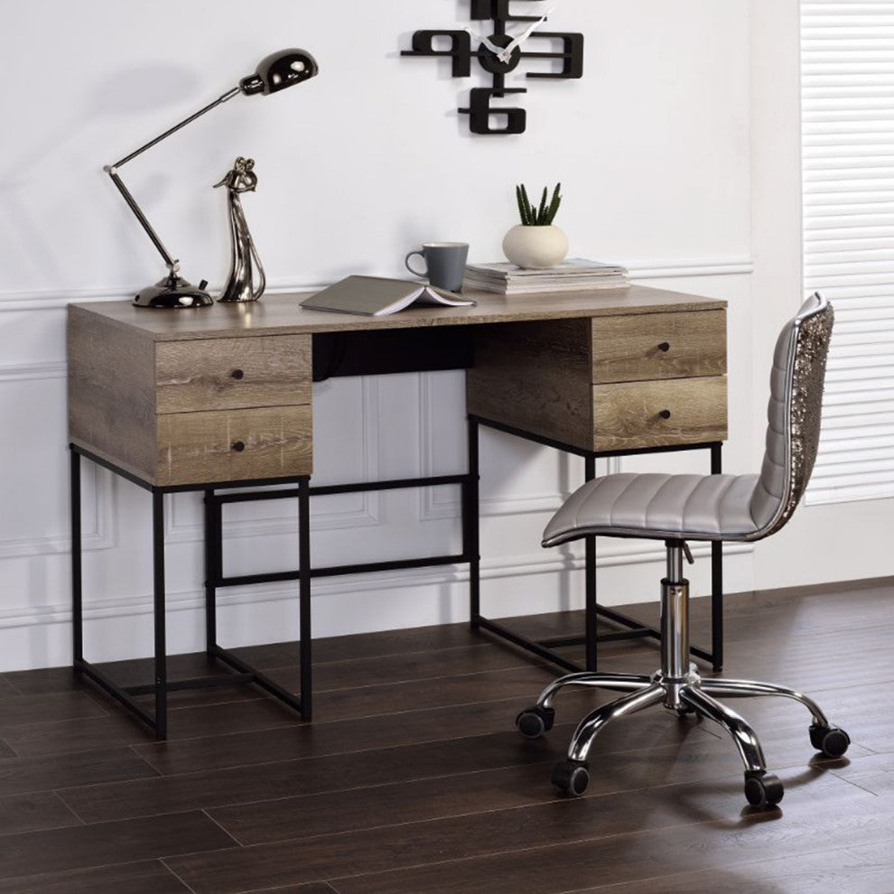 4 Drawers Writing Desk, Rustic Oak and Black Finish