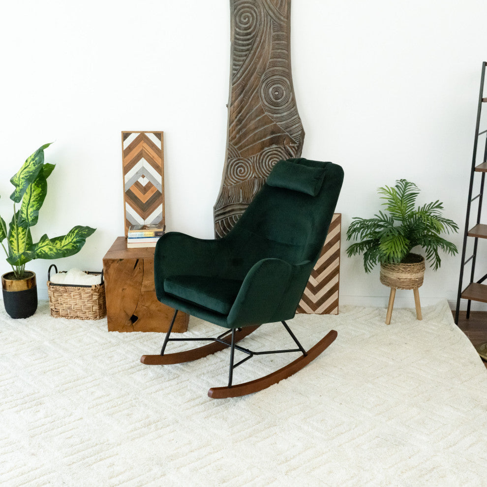 Rumi Mid-Century Modern Indoor Nursery Rocking Chair, Dark Green