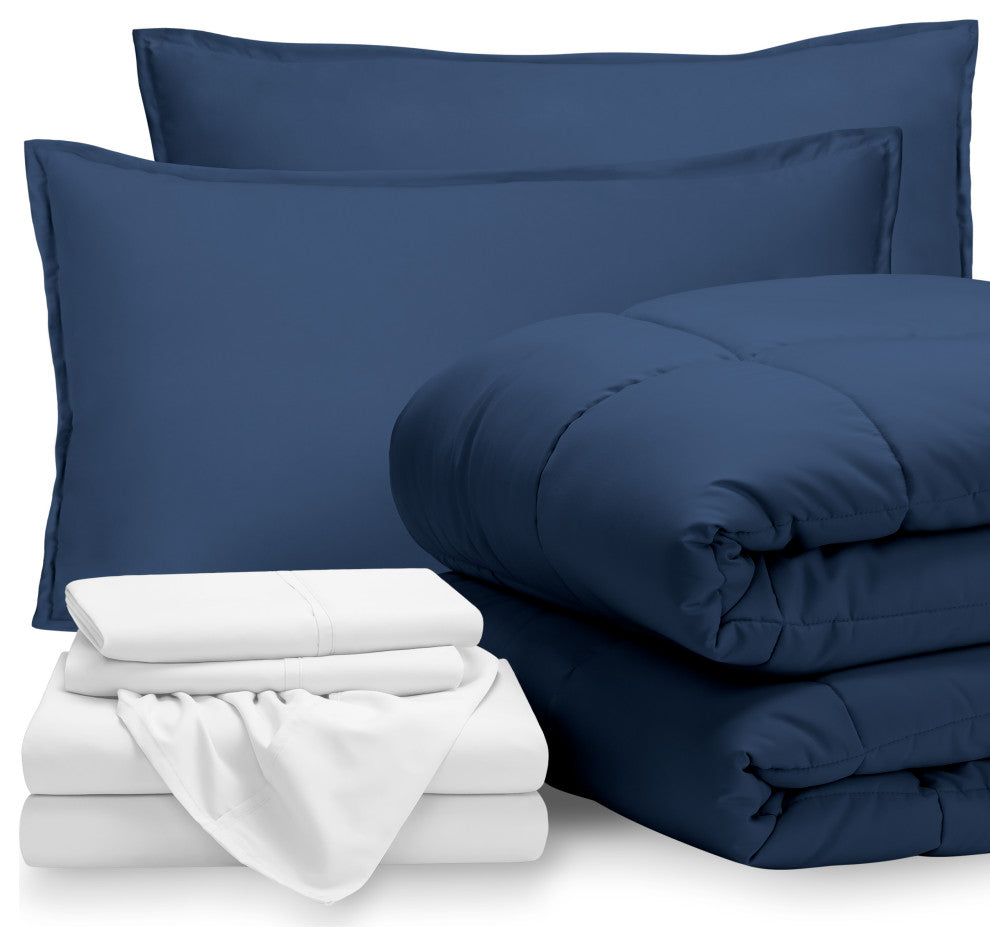 Bare Home 8-Piece Bed-in-a-Bag Split Sizes, Dark Blue, White, Split California K