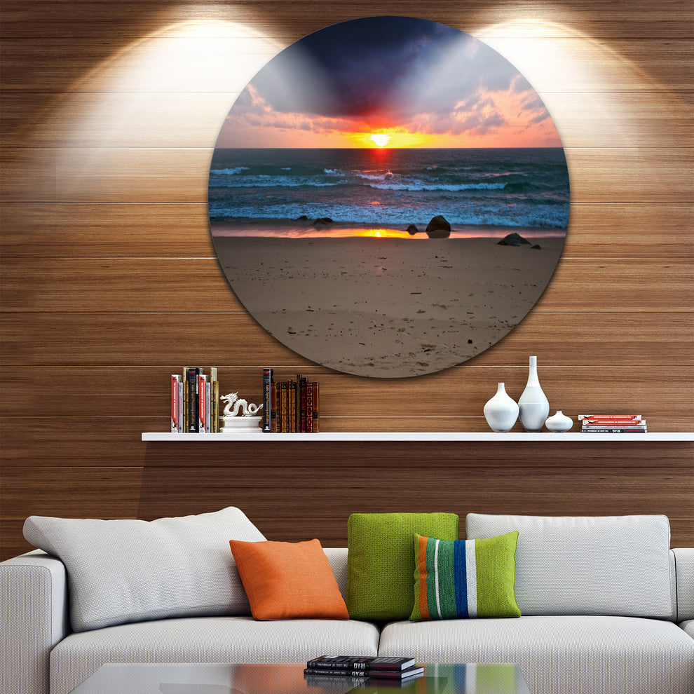 Dramatic Colorful Sky Over Beach, Seashore Round Metal Wall Art, 11"