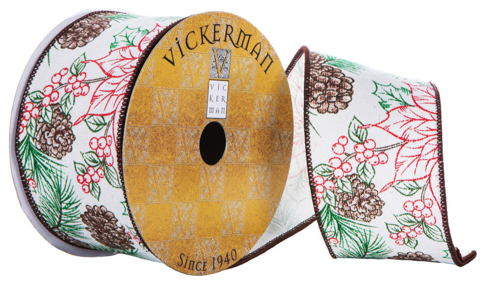 Vickerman Q202748 2.5"X10 Yard Ivory Poinsetta And Pinecone Christmas Ribbon