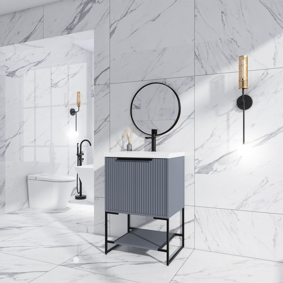 Plywood Freestanding Bathroom Vanity Set with White Ceramic Sink , Rock Grey, 24