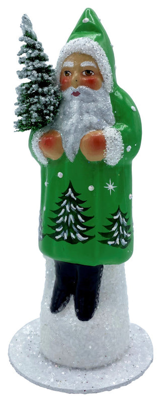Schaller Paper Mache Candy Container, Santa With Green Shiny Coat
