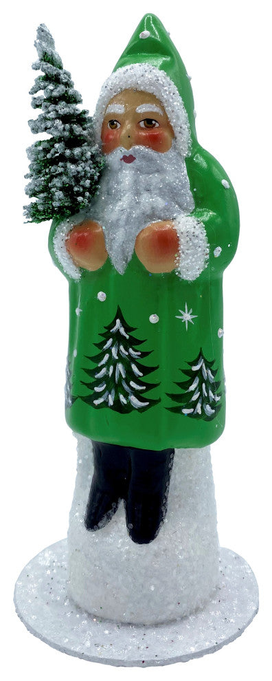 Schaller Paper Mache Candy Container, Santa With Green Shiny Coat