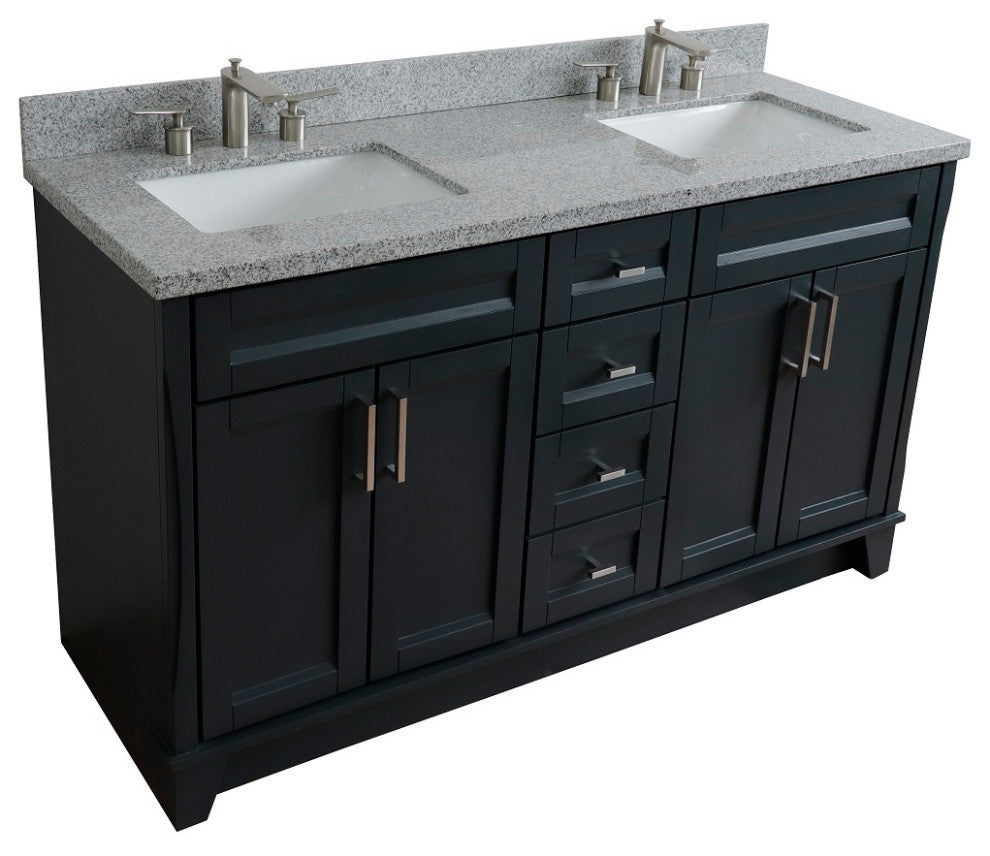 61" Double Sink Vanity, Dark Gray Finish And Gray Granite And Rectangle Sink