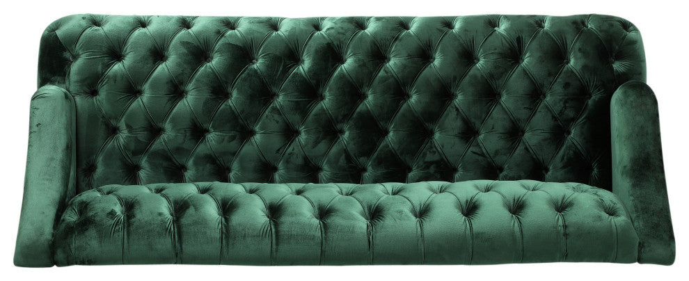 Esther Modern Glam Tufted Velvet 3 Seater Sofa, Emerald, Walnut Finish