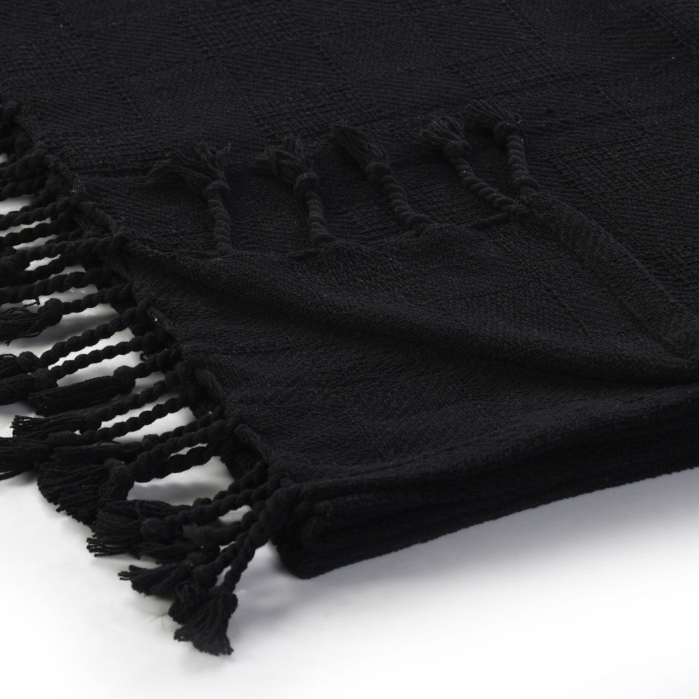 Checkered Weave Throw Blanket with Fringe, Jet Black