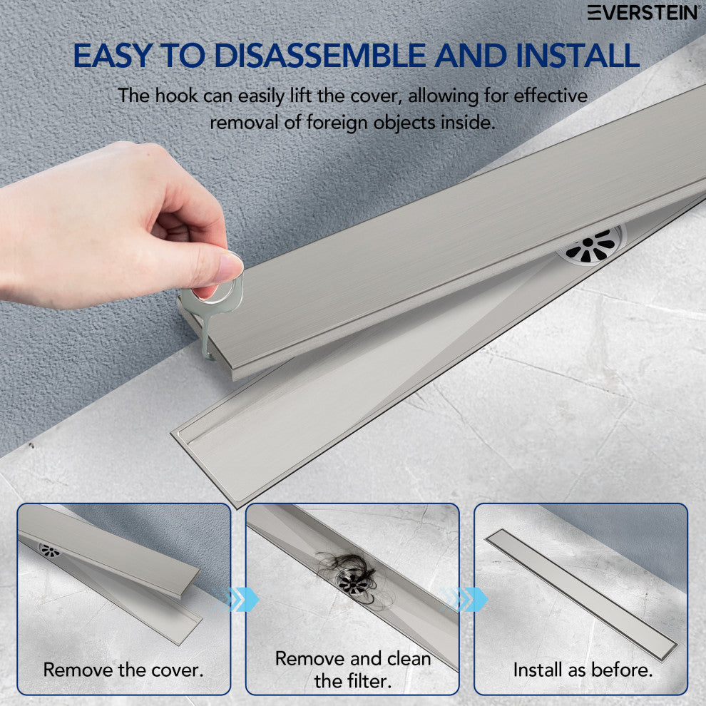 24" Stainless Steel Linear Shower Drain, Tile-In Pattern, Brushed Nickel