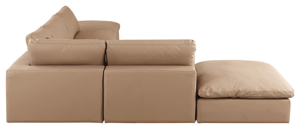 Comfy Upholstered L-Shaped Modular Sectional, Tan, 6-Piece: 3 Armless Chair, 1 Corner Chair, 2 Ottoman, Vegan Leather