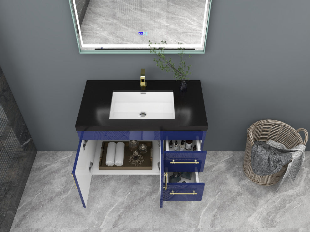 Rosa 36" Wall Mounted Modern Vanity, High Gloss Night Blue, Matt Black Top