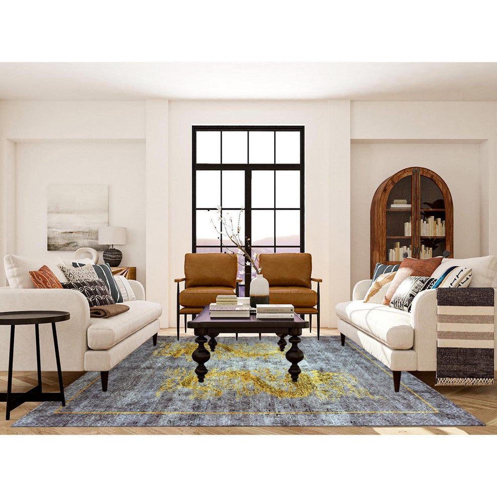 Gray Golden Dragons Chinese Inspired Wool  and Silk Hand Knotted Rug 8'x10'3"