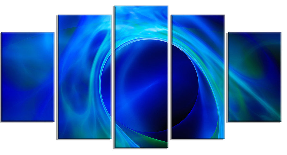 Circled Blue Psychedelic Texture, Contemporary Art on Canvas, 60"x32", 5 Panels