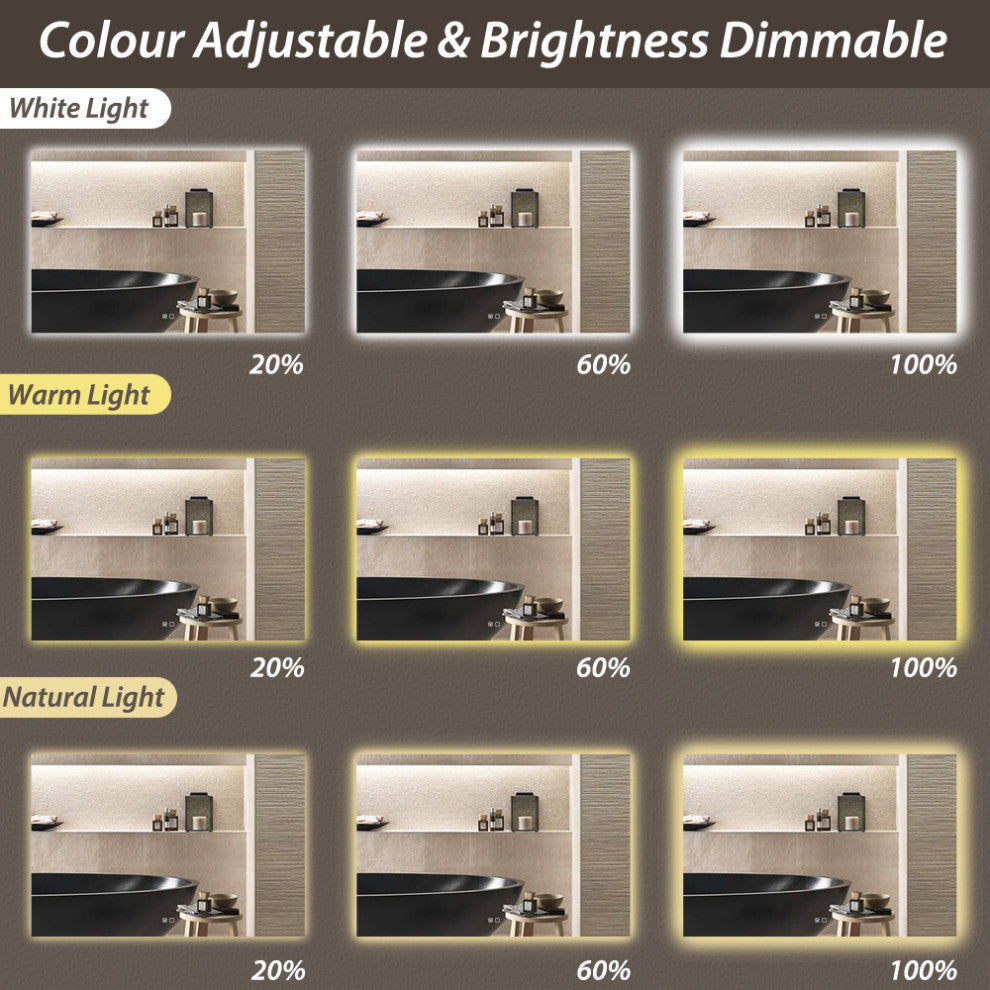 Backlit 3-Color LED Mirror for Bathroom, Anti-Fog Dimmable, 48x30