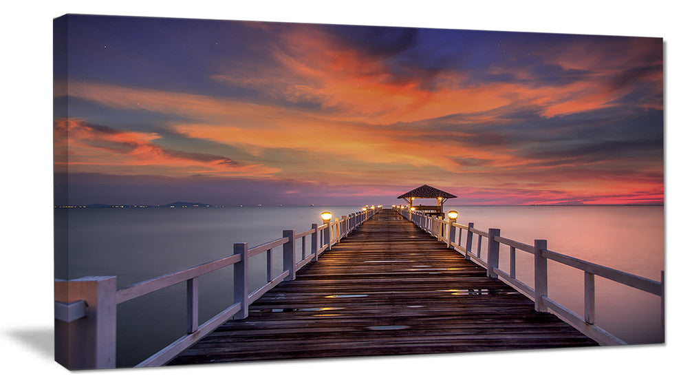 "Dark Seashore Pier Under Colorful Sky" Sea Pier Wall Art Canvas Print, 32"x16"
