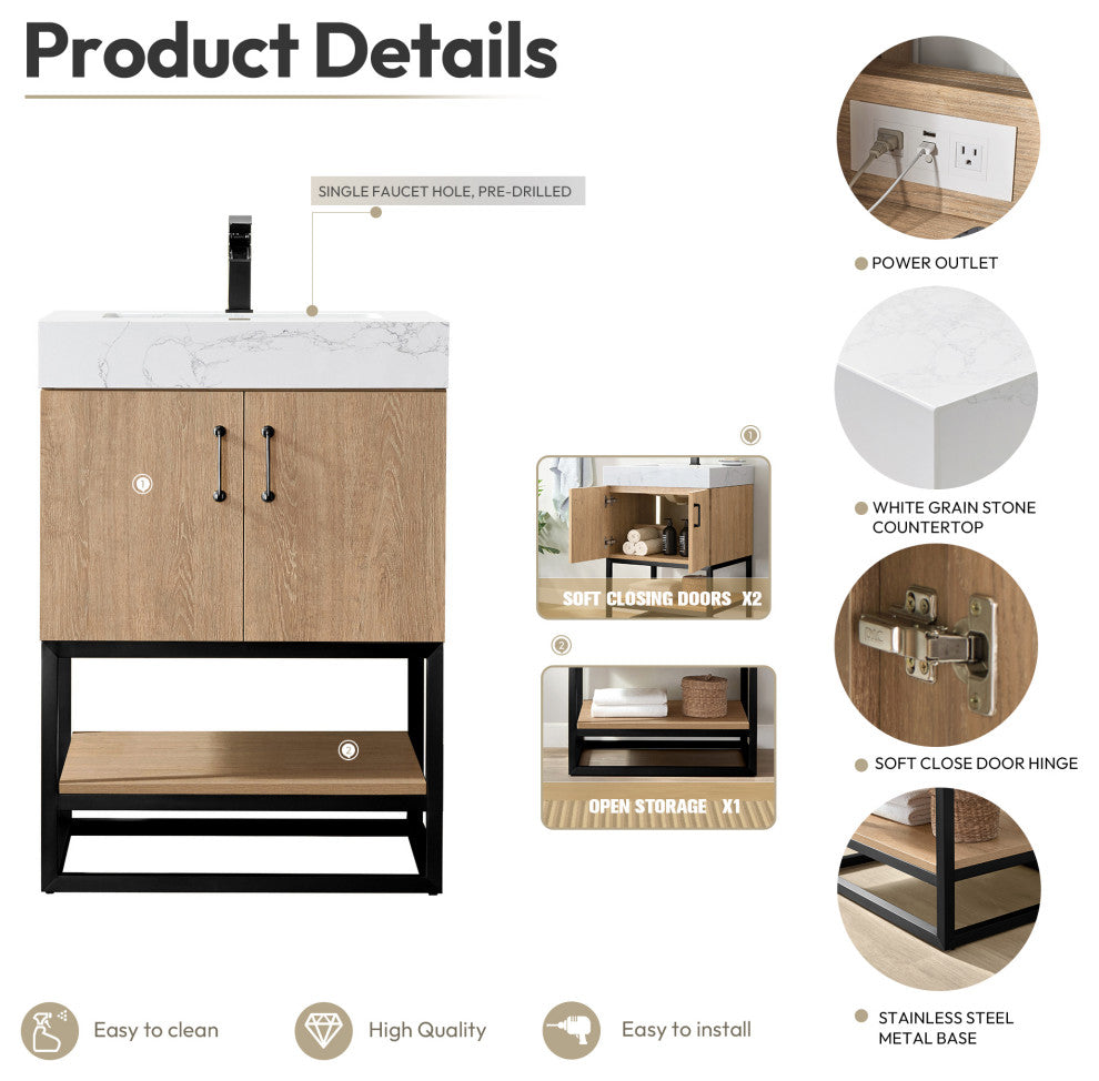 Alistair Vanity, North American Oak, Matte Black Hardware, 24", With Mirror