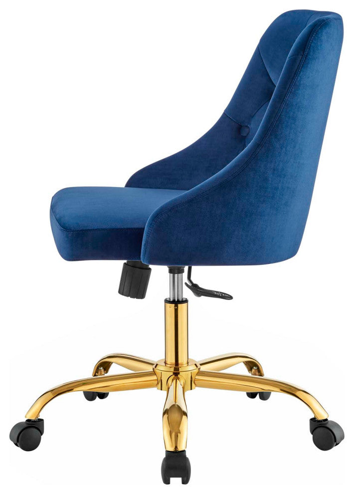 Computer Desk Swivel Tufted Chair, Velvet, Gold Blue Navy, Modern, Home Office