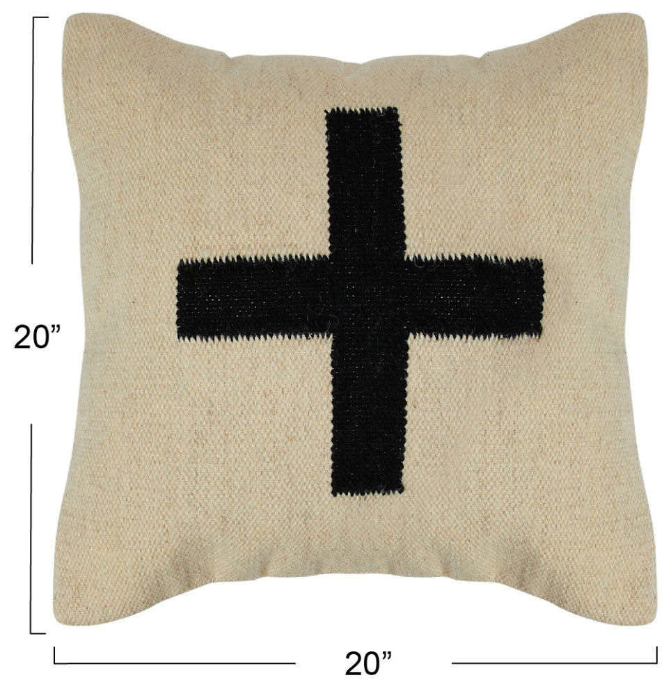 Swiss Cross Cotton Wool Throw Pillow, Black and Natural