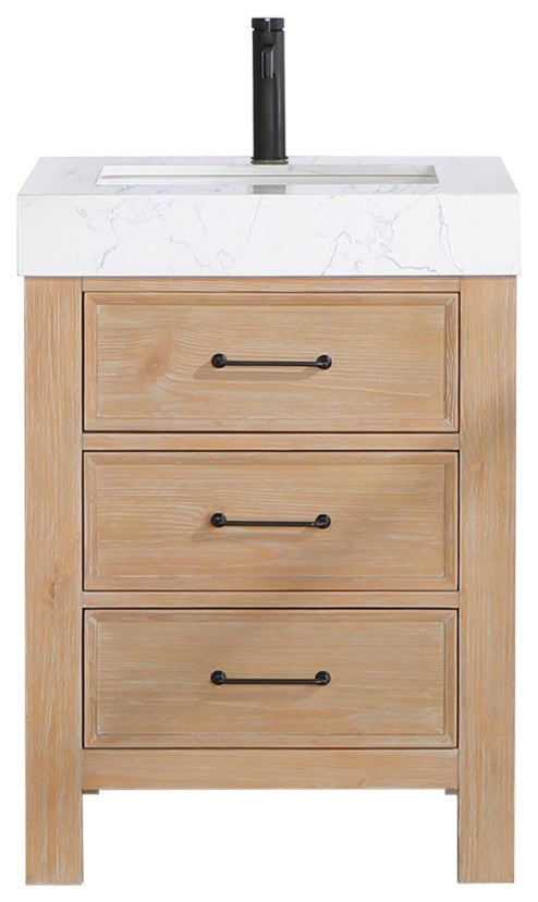 Leon Bath Vanity With Composite Stone Top, Fir Wood Brown, 24", No Mirror
