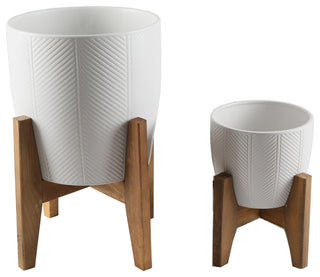 10" & 6.6" Chevron Ceramic Planter On Stand, Set Of 2