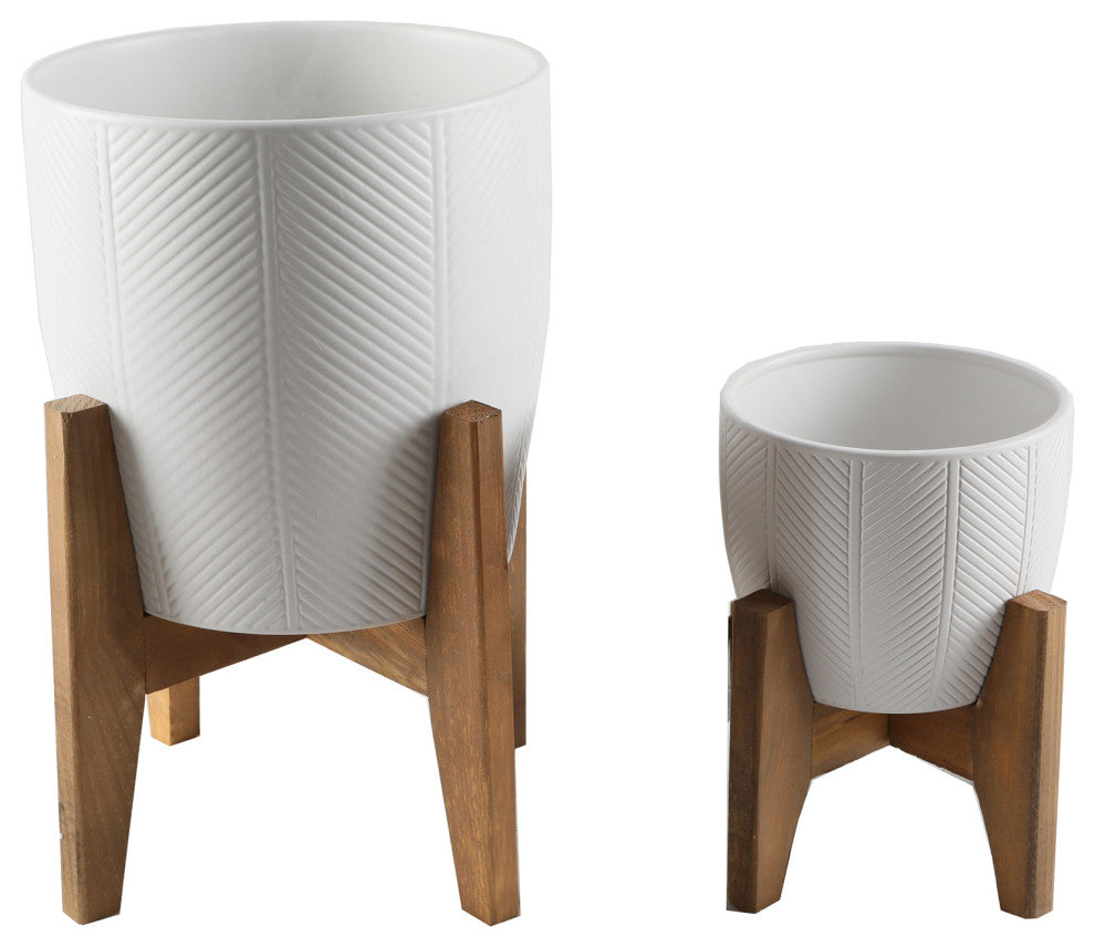 10" & 6.6" Chevron Ceramic Planter On Stand, Set Of 2